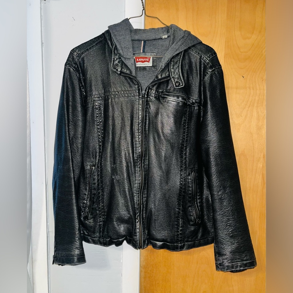 Levi's Hooded Faux Leather Black Jacket sz XL
